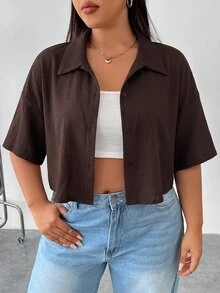 Muchica Plus Size Women's Minimalist Textured Button-Up Cropped Shirt - Brown - View 6