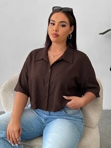 Muchica Plus Size Women's Minimalist Textured Button-Up Cropped Shirt - Brown - View 5