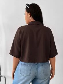 Muchica Plus Size Women's Minimalist Textured Button-Up Cropped Shirt - Brown - View 2