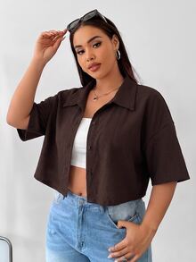 Muchica Plus Size Women's Minimalist Textured Button-Up Cropped Shirt - Brown - View 3