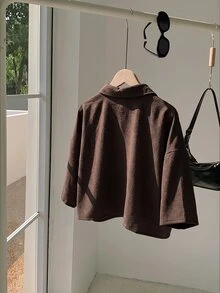 Muchica Plus Size Women's Minimalist Textured Button-Up Cropped Shirt - Brown - View 4