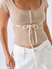 LYSMO Cardigan Wanita Warna Polos Kasual Serbaguna untuk Pemakaian Sehari-hari - Khaki - View 6