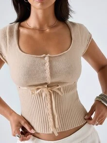 LYSMO Cardigan Wanita Warna Polos Kasual Serbaguna untuk Pemakaian Sehari-hari - Khaki - View 1
