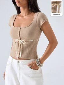 LYSMO Cardigan Wanita Warna Polos Kasual Serbaguna untuk Pemakaian Sehari-hari - Khaki - View 4