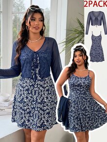 Solflare Plus Size Floral Print Cami Dress With Tie-Up Mesh Cardigan 2-Piece Set - Navy Blue - View 4