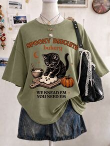 Lalippa Halloween Cartoon Cat Print T-Shirt - Multicolor - View 1