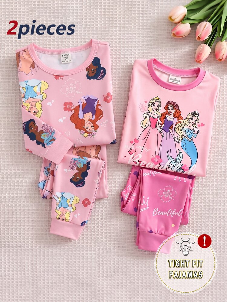 2pcs/Set Girls Toddler Sweet Cute Elegant Casual Daily Comfortable Pink Cartoon Little Princess Floral Print Long Sleeve Top And Pants Loungewear Set Round Neck Pullover Long Sleeve Long Pants Knit Fabric Comfortable Soft High Elasticity Slim Fit Pajamas - Multicolor - View 4