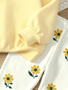 青少年女孩休閒可愛復古花卉印花圓領長袖運動衫與緊身褲2件套，適合秋冬穿著 - 白色 - 查看 7