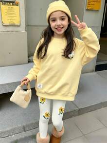 青少年女孩休閒可愛復古花卉印花圓領長袖運動衫與緊身褲2件套，適合秋冬穿著 - 白色 - 查看 2