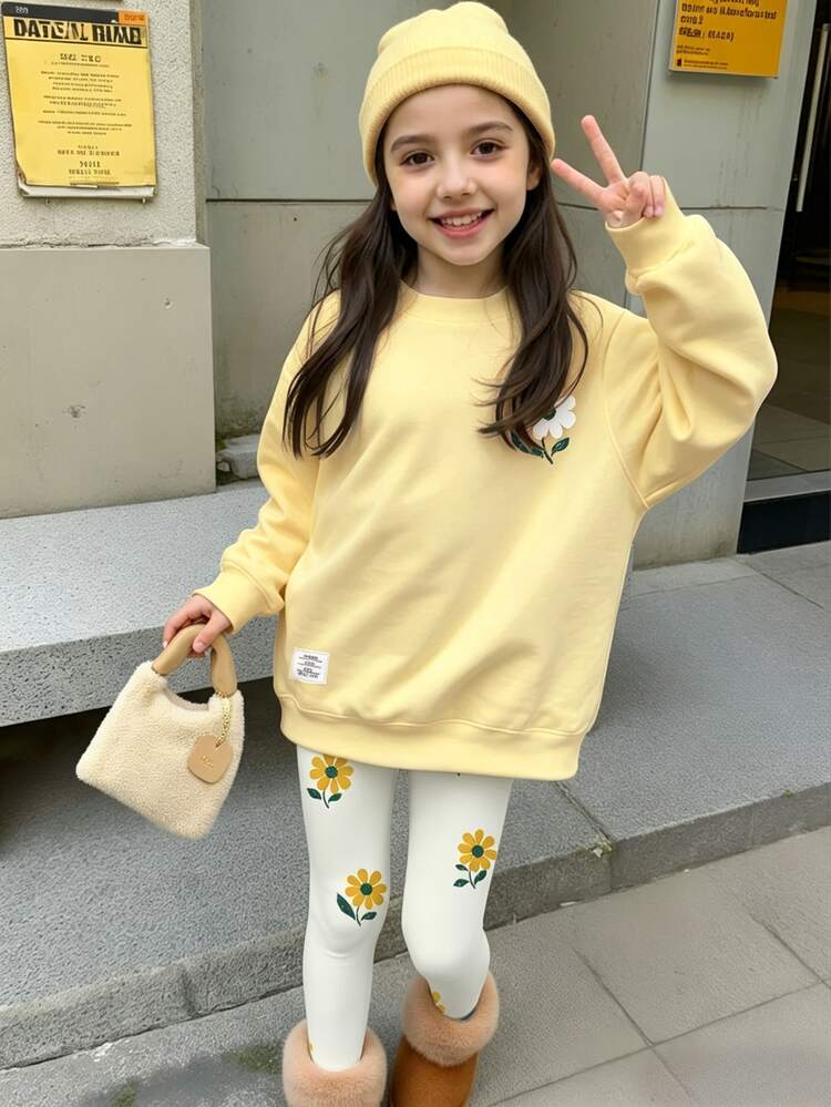 Tween Girl Casual Cute Vintage Floral Print Crew Neck Long Sleeve Sweatshirt & Leggings 2-Piece Set, Suitable For Autumn/Winter - White - View 2