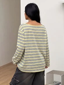 Coolane 女款大尺碼秋季街頭風休閒 Y2K 寬鬆軟黃條紋不對稱領針織露肩長袖 T 恤 度假風 - 黃色 - 查看 5