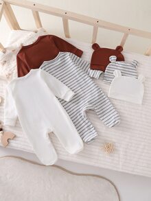 SHEIN Conjunto de ropa de estar en casa con mono de manga larga de moda sencilla para recién nacido, otoño/invierno - Multicolor - Ver 4