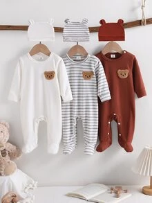 SHEIN Conjunto de ropa de estar en casa con mono de manga larga de moda sencilla para recién nacido, otoño/invierno - Multicolor - Ver 5