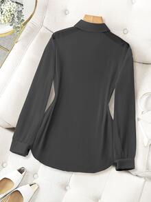 Franclia Collared Basic Solid Color Minimalist Front Button Long Sleeve Shirt Button-Up Shirt Women's Sheer Shirt - Dark Grey - View 2