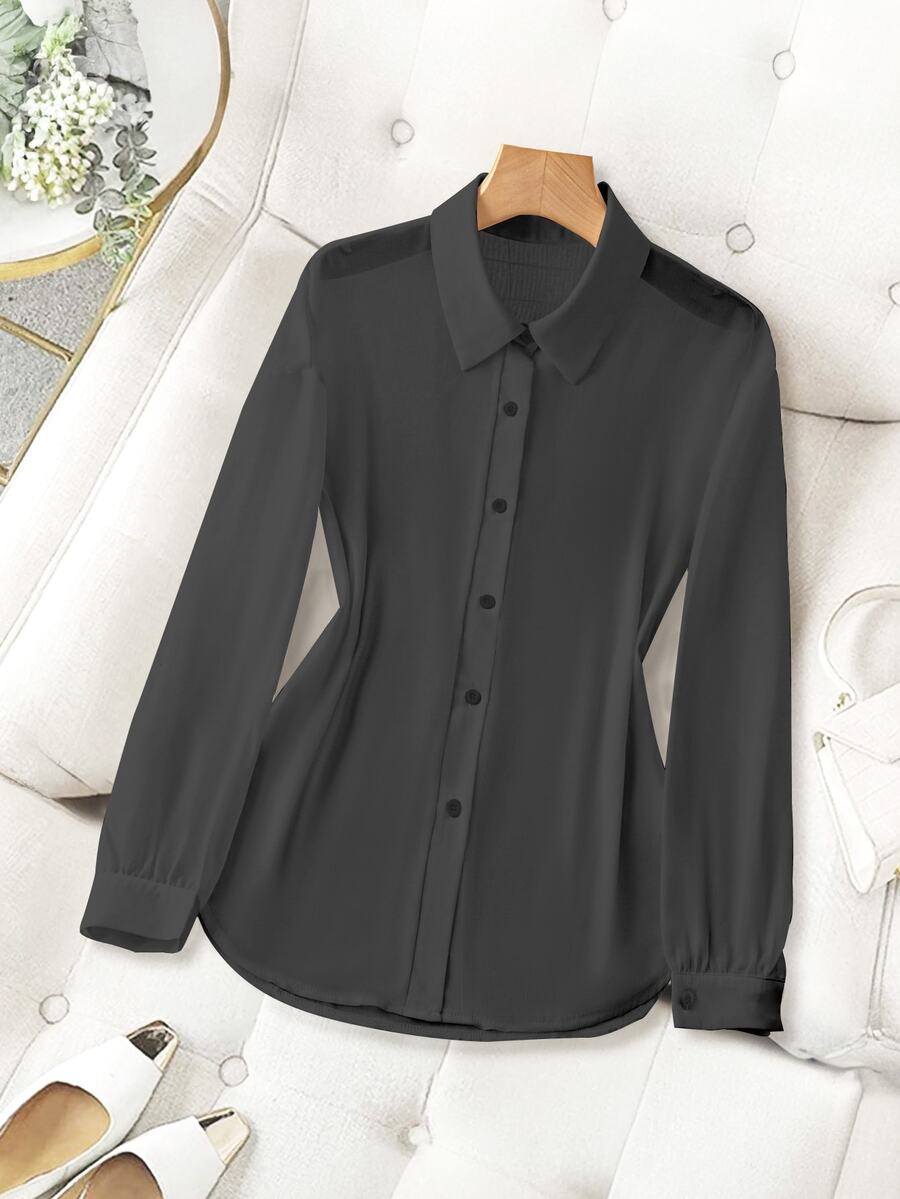 Franclia Collared Basic Solid Color Minimalist Front Button Long Sleeve Shirt Button-Up Shirt Women's Sheer Shirt - Dark Grey - View 1