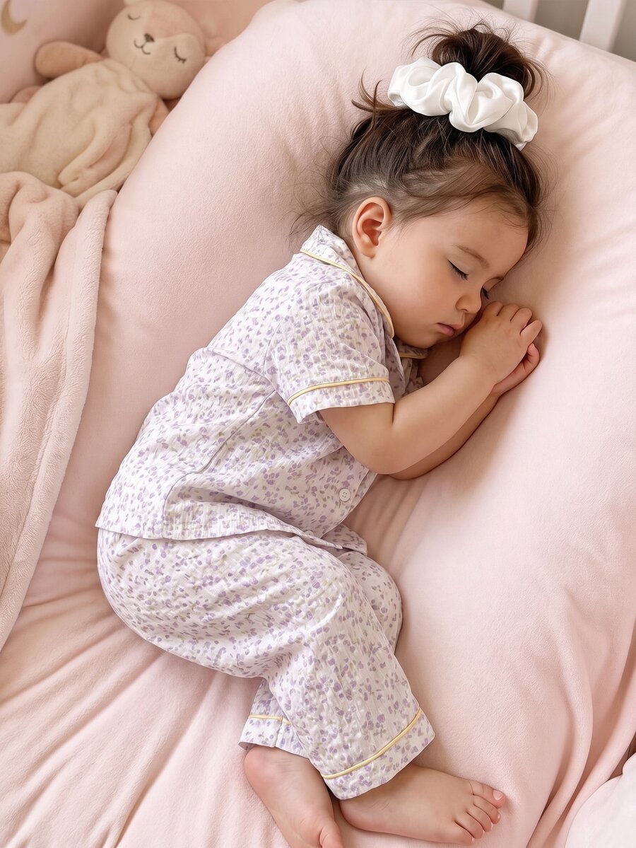 SHEIN 1 Set Random Girls' Sleepwear Set, Featuring Classic Collar Design, Contrast Trim, And Playful Prints Like Floral, Bear, Bow, Strawberry, Rabbit - Multicolor - View 1