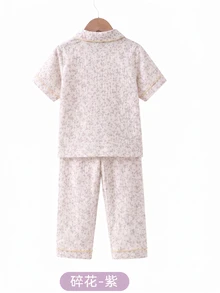 SHEIN 1 Set Random Girls' Sleepwear Set, Featuring Classic Collar Design, Contrast Trim, And Playful Prints Like Floral, Bear, Bow, Strawberry, Rabbit - Multicolor - View 2