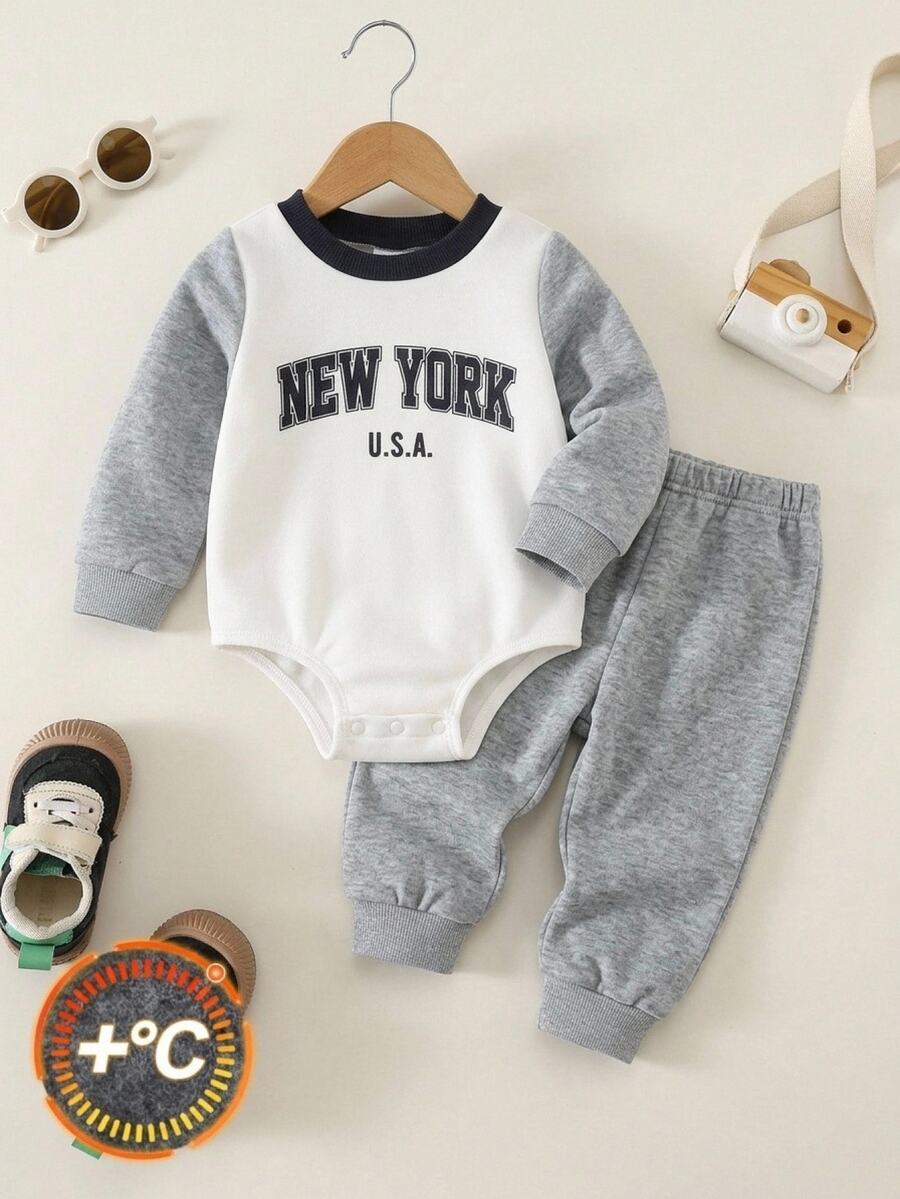 SHEIN Baby Boy Letter Pattern Contrast Color Round Neck Long Sleeve Bodysuit, Versatile And Comfortable For Autumn And Winter - Multicolor - View 1