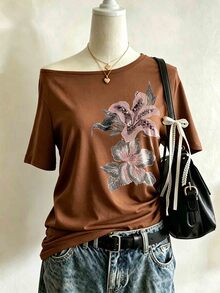 Lalippa Plus Size Women's Faux Floral Comfortable Color Pattern Asymmetric Shoulder Casual Short Sleeve T-Shirt, Suitable For Spring/Summer Daily Wear And Gatherings - Multicolor - View 1