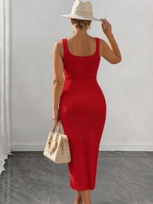 Elenzga Plus Button Front Split Hem Belted Sweater Dress Fall - Red - View 2