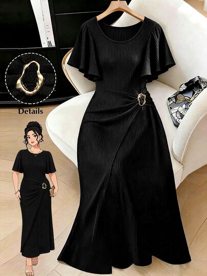 GlowEve CURVE Gaun Wanita Ukuran Plus Rajut Bertekstur Hitam Leher Bulat Lengan Lonceng Berkerut Pinggang Ramping Gesper Logam Elegan Model Duyung, Cocok untuk Gaun Pesta, Gaun Dekorasi Logam, Gaun Liburan Musim Semi/Panas Berkerut, Gaun Tamu Pernikahan Wanita, Gaun Pengiring Pengantin, Gaun Wisuda