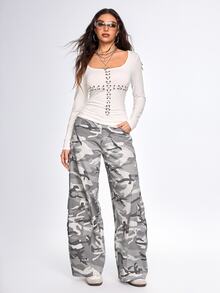 ROMWE Street Life Celana Jeans Kargo Streetwear Longgar Motif Kamuflase Wanita, Gaya Tomboi - Grey - View 5