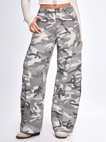 ROMWE Street Life Celana Jeans Kargo Streetwear Longgar Motif Kamuflase Wanita, Gaya Tomboi - Grey - View 3