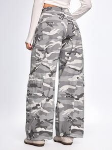 ROMWE Street Life Celana Jeans Kargo Streetwear Longgar Motif Kamuflase Wanita, Gaya Tomboi - Grey - View 2