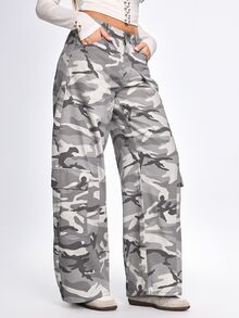 ROMWE Street Life Celana Jeans Kargo Streetwear Longgar Motif Kamuflase Wanita, Gaya Tomboi - Grey - View 4