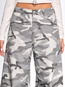 ROMWE Street Life Celana Jeans Kargo Streetwear Longgar Motif Kamuflase Wanita, Gaya Tomboi - Grey - View 6