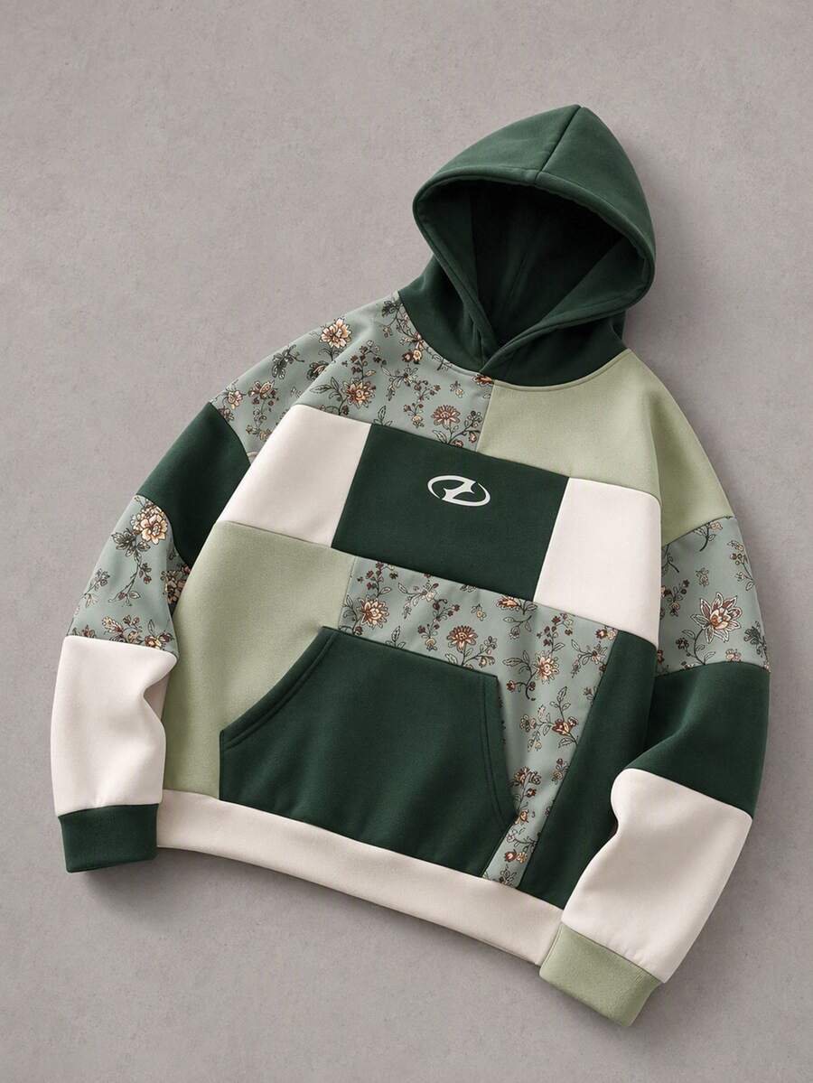AXEPEAK Men's Casual Sports College Street Racing Colorblock Patchwork Floral Long Sleeve Hooded Sweatshirt - Multicolor - View 1