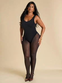 SHEIN BAE CURVE بدلة نسائية مقاس كبير من الشبك بتصميم مرقع مثير وضيق - الأسود - مشاهدة 5