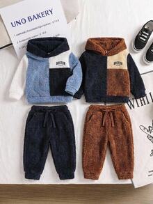 SHEIN 2件裝男嬰抓絨內裡加厚拼色拼接字母印花圓領長袖套頭衛衣 秋冬款 - 彩色 - 查看 2