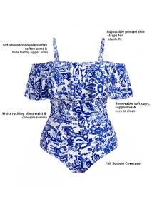 Swim Lushoire Plus Size One-Piece Swimsuit With Printed Pattern, European And American Mature Style - Multicolor - View 6