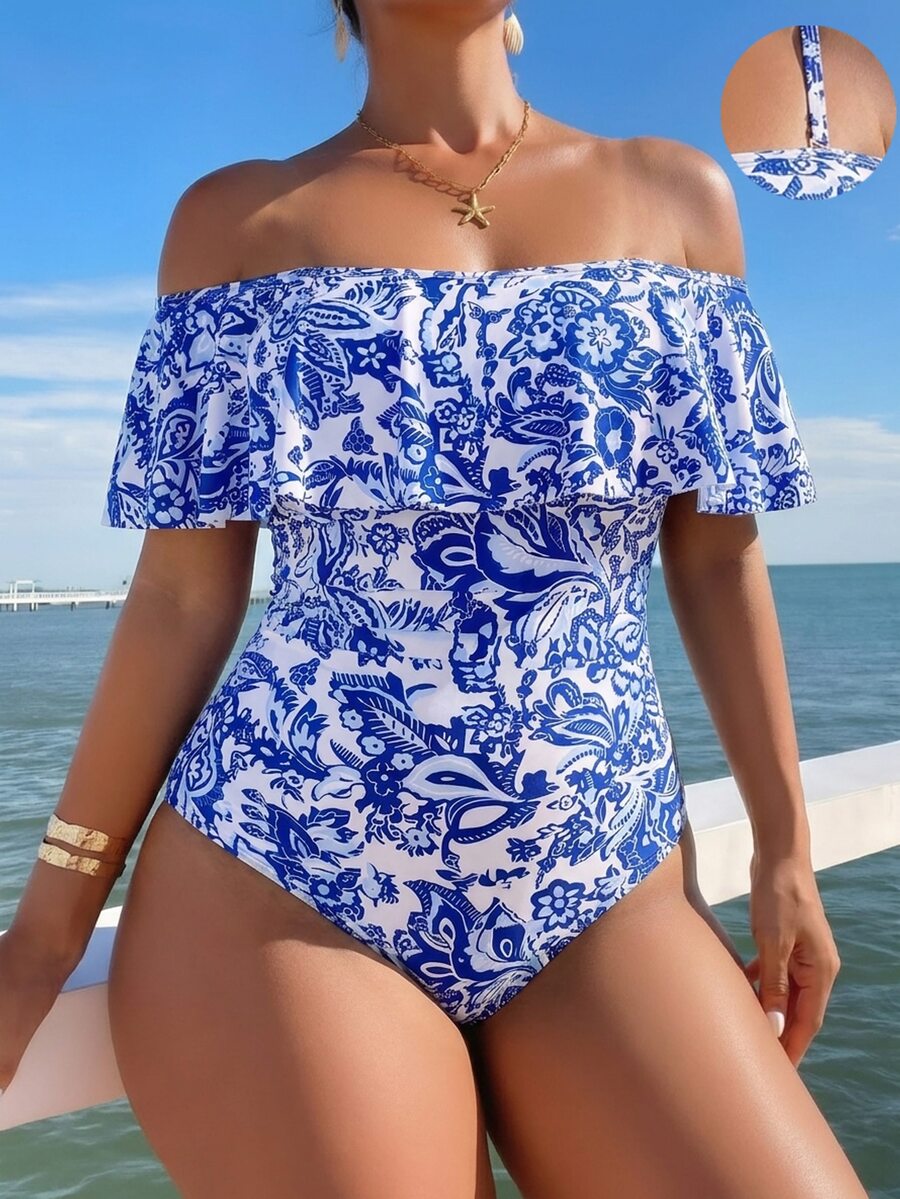 Swim Lushoire Plus Size One-Piece Swimsuit With Printed Pattern, European And American Mature Style - Multicolor - View 1
