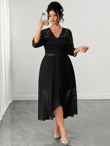 Elenzga Plus Size Women's Luxury Contrast Lace V-Neck 3/4 Sleeve Elegant Party Dress Fall - Black - View 10