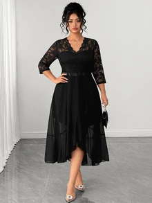 Elenzga Plus Size Women's Luxury Contrast Lace V-Neck 3/4 Sleeve Elegant Party Dress Fall - Black - View 11