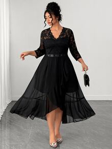 Elenzga Plus Size Women's Luxury Contrast Lace V-Neck 3/4 Sleeve Elegant Party Dress Fall - Black - View 6