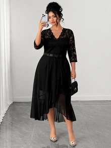 Elenzga Plus Size Women's Luxury Contrast Lace V-Neck 3/4 Sleeve Elegant Party Dress Fall - Black - View 1