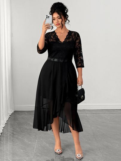 Elenzga Plus Size Women's Luxury Contrast Lace V-Neck 3/4 Sleeve Elegant Party Dress Fall