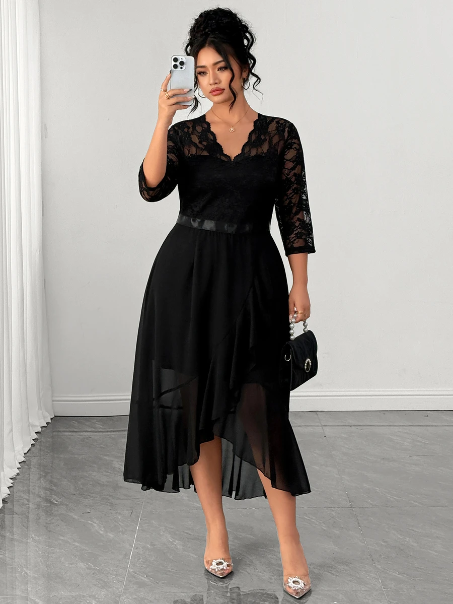 Elenzga Plus Size Women's Luxury Contrast Lace V-Neck 3/4 Sleeve Elegant Party Dress Fall - Black - View 1