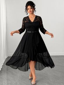Elenzga Plus Size Women's Luxury Contrast Lace V-Neck 3/4 Sleeve Elegant Party Dress Fall - Black - View 3
