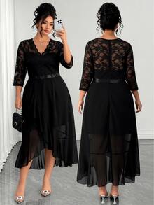 Elenzga Plus Size Women's Luxury Contrast Lace V-Neck 3/4 Sleeve Elegant Party Dress Fall - Black - View 7