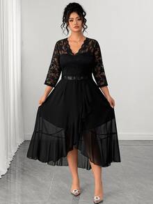 Elenzga Plus Size Women's Luxury Contrast Lace V-Neck 3/4 Sleeve Elegant Party Dress Fall - Black - View 8