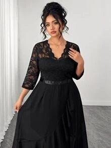 Elenzga Plus Size Women's Luxury Contrast Lace V-Neck 3/4 Sleeve Elegant Party Dress Fall - Black - View 4