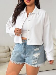SHEIN EZwear Women's Plus Size Solid Color Drop Shoulder Long Sleeve Single-Breasted Casual Jacket Fall - Beige - View 5
