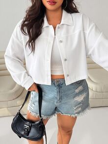 SHEIN EZwear Women's Plus Size Solid Color Drop Shoulder Long Sleeve Single-Breasted Casual Jacket Fall - Beige - View 3