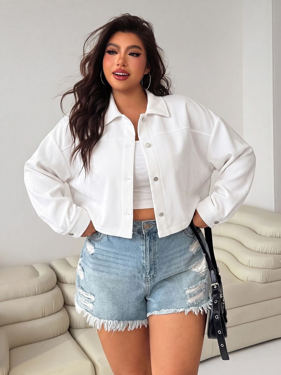 SHEIN EZwear Women's Plus Size Solid Color Drop Shoulder Long Sleeve Single-Breasted Casual Jacket Fall - Beige - View 1
