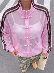 Muchica 女款側條紋青蛙鈕扣設計網眼休閒輕量夾克 - 淺粉色 - 查看 1