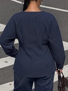 Muchica Jaket Kasual Wanita Ukuran Besar Warna Biru Tua Model Batwing Lengan Panjang Kancing Tunggal - Navy Blue - View 2